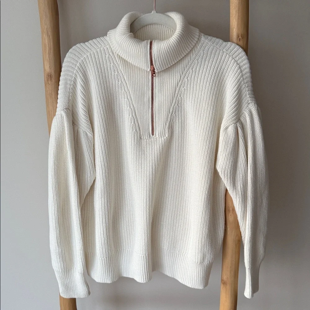 525 America Ivory Cable Knit Fold Collar Half Zip Drop Puff Sleeve Sweater S - Picture 7 of 11